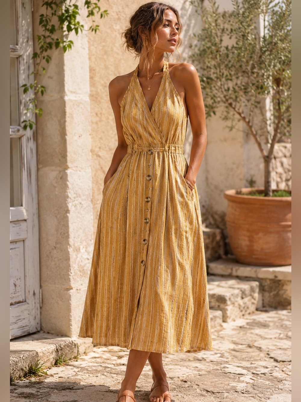 Indigo Rein Linen Blend Midi Dress Mustard Halter Coastal Resort Boho S